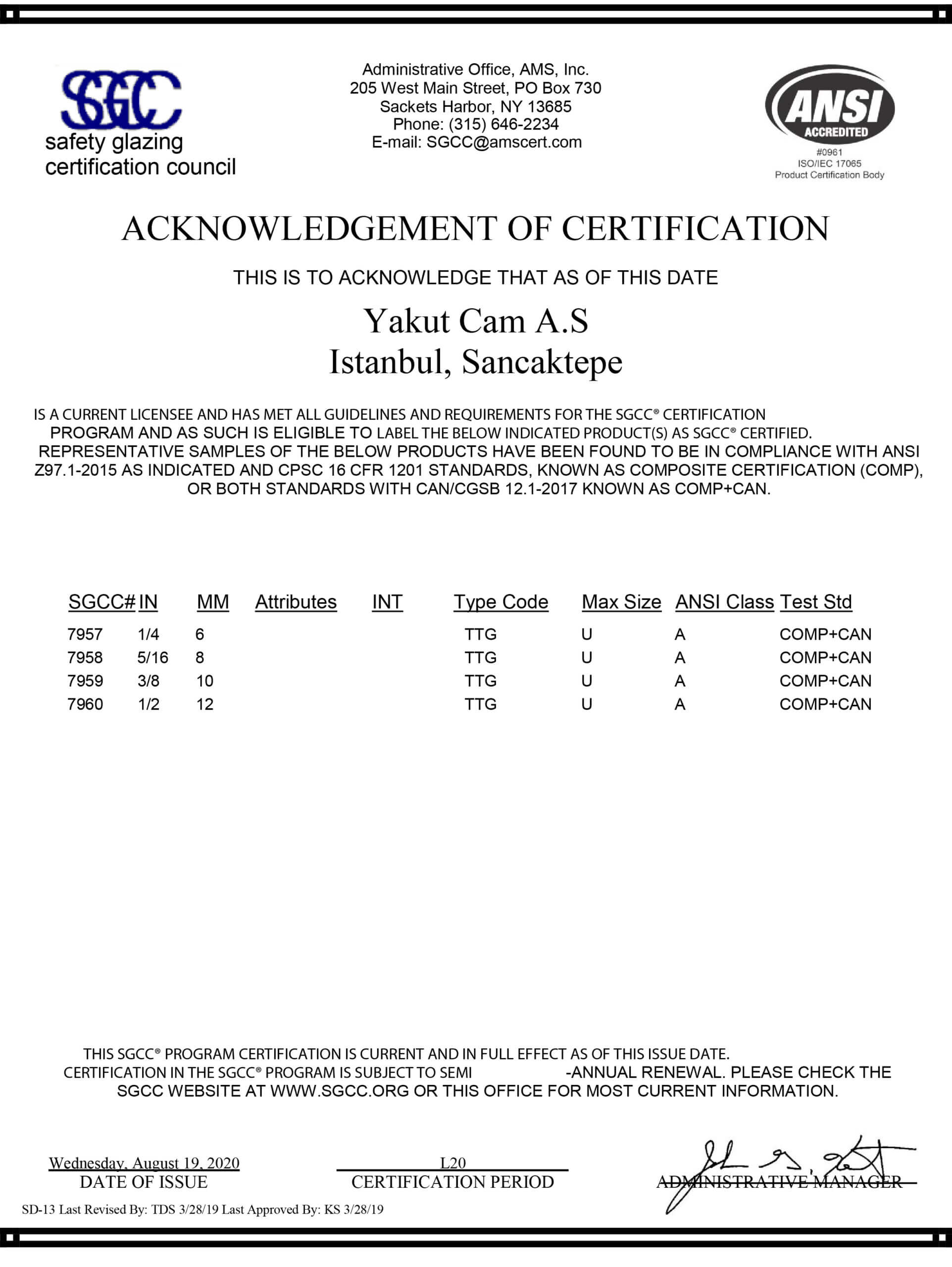 We got our SGCC / ANSI Tempered glass certificate Yakut Glass